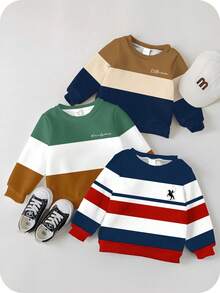 SHEIN 3 件套男婴休闲时尚酷炫经典彩色块字母印花柔软圆领套头衫，校园风格，适合秋冬季