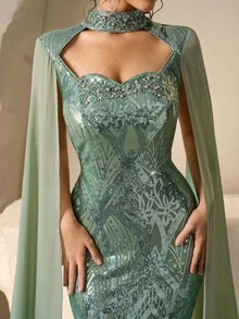 Coutiva Váy dài tay đính sequin thanh lịch, váy dạ hội cao cấp cho tiệc tối - màu xanh lá - Xem 1