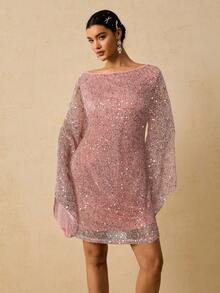 Freevana Đầm xòe cổ thuyền tay loe màu trơn cỡ lớn cho nữ đính sequin - Hồng - Xem 5