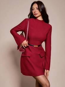 SHEIN PETITE 女士纯色立领长袖优雅简约休闲连衣裙，适合秋季办公室穿着，也适合新年、派对、节日、圣诞节、感恩节、冬季、秋季等各种场合。 - 酒紅色 - 查看 8