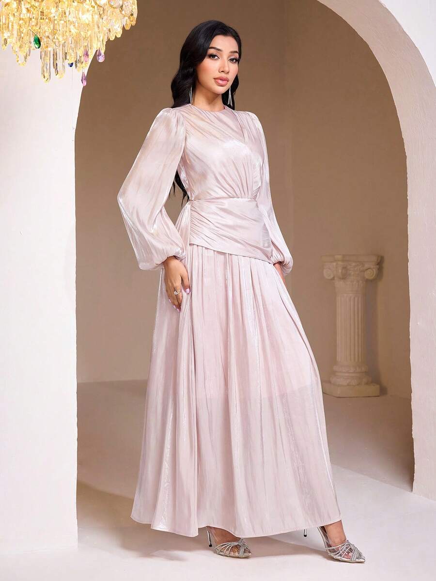 Veilorie Đầm dài tay bồng bềnh bằng vải sa tanh thanh lịch dành cho nữ - Hồng - Xem 1