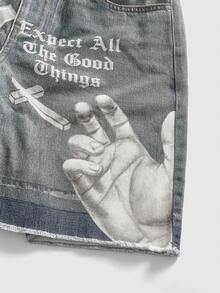 ROMWE MEN Goth Pantalones cortos vaqueros casuales para hombres con estampado de cruz y letra lavados - Verde Oscuro - Ver 5