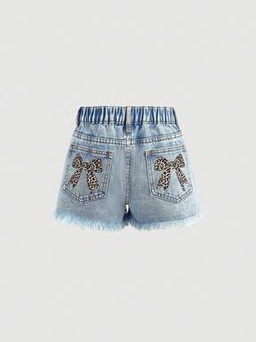 Girlism 少女豹纹蝴蝶结装饰蓝色牛仔毛边短裤