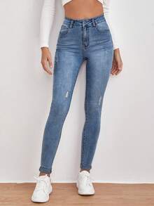 EMERY ROSE Jeans ajustados casuales y versátiles para mujer con bolsillos rasgados - Azul - Ver 3