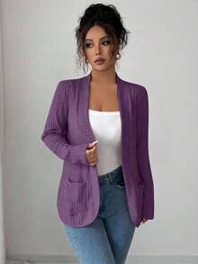 EMERY ROSE جاكيت قصيرة كاجوال للنساء بجيوب جانبية، مفتوحة الأمام، مصنوعة من قماش مخرم ناعم الملمس، خفيفة الوزن - ارجواني بنفسجي - مشاهدة 6