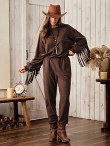 Wildy American Casual Country Western Women Autumn/Winter Basic Outfit Fringe Long Sleeve Top And Pants 2 Pieces Set - Coffee Brown - View 1