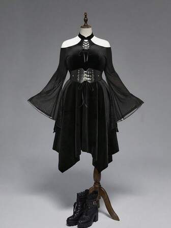 Plus Size Gothic Velvet Collar Tie Elegant Dress For Women, Autumn/Winter Plus Size Gothic Dress, Holiday Dress For Plus Size Women