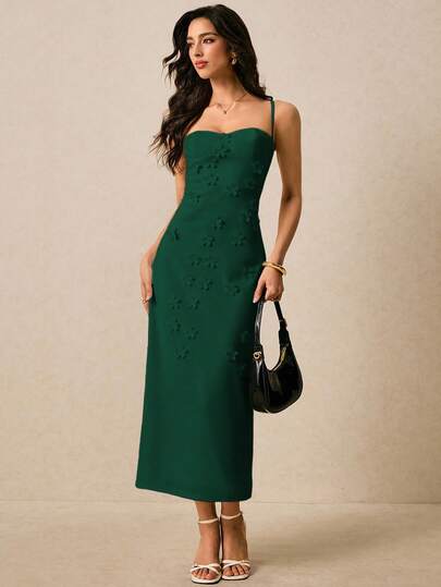 Poéselle Women's Elegant 3D Floral Decor Fitted Long Dress