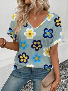 SHEIN LUNE Women's Floral Pattern V-Neck Short Sleeve T-Shirt, Spring/Summer - Multicolor - View 5