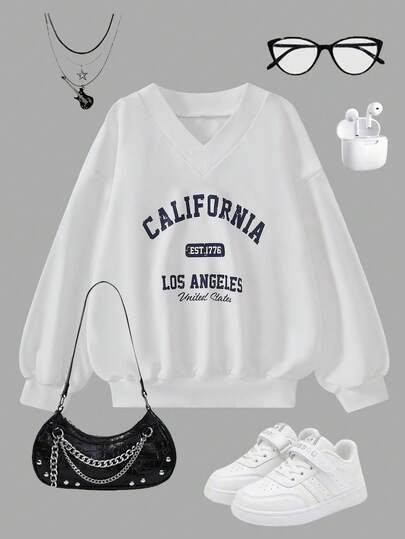 Sparklyn 女童休闲纯色针织抓绒V领落肩罗纹下摆套头卫衣，秋冬季舒适保暖