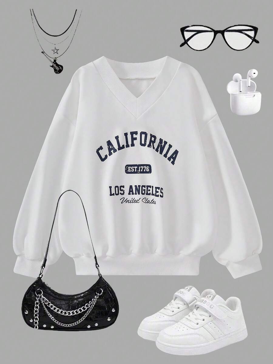 SHEIN Girls Casual Solid Color Knitted Fleece V-Neck Drop Shoulder Ribbed Hem Pullover Sweatshirt, Comfortable For Autumn/Winter - White - View 1