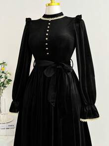 SHEIN LUNE 优雅法式花卉蕾丝拼接中长连衣裙，长袖丝绒针织腰带连衣裙，女士秋冬款 - 黑色 - 查看 3