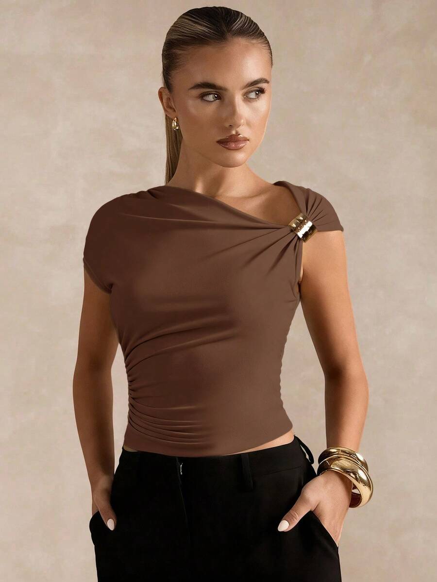 SHEIN BAE Áo thun tay ngắn họa tiết kim loại xếp ly thời trang, đa năng, phù hợp đi làm hàng ngày cho nữ - màu nâu - Xem 1