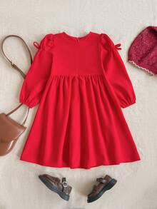 PrepCrw Rochie de fete tinere, stil preppy, cu guler rotund, mâneci bufante, decorată cu funde, mâneci lungi - roșu - Vizualizare 3