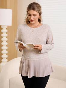 Rosumi 大码女式圆领长袖褶裥下摆休闲T恤，适合圣诞节、新年等节日穿着，优雅舒适，适合情人节、母亲节等场合，舒适休闲沙滩套头衫，春假休闲装，女士长袖上衣 - 灰色 - 查看 6