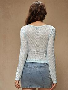 WESTFADE Western Cowgirl Lace Boatneck Ruched Split Side Semi Sheer Fitted Long Sleeve T-Shirt Spring Break - Blue - View 5