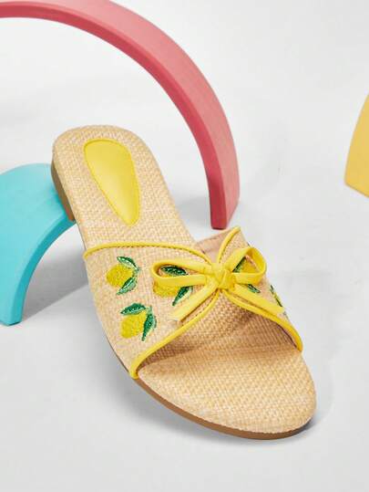 Mini mi #FreshBreeze Girl's Raffia Lemon Embroidered Bow Decor Slide Sandals – Fresh, Chic & Summer-Ready.