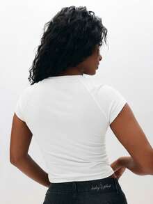 BABYPHAT Áo thun crop top tay ngắn cổ tròn in chữ họa tiết Raglan họa tiết đồ họa - trắng - Xem 6