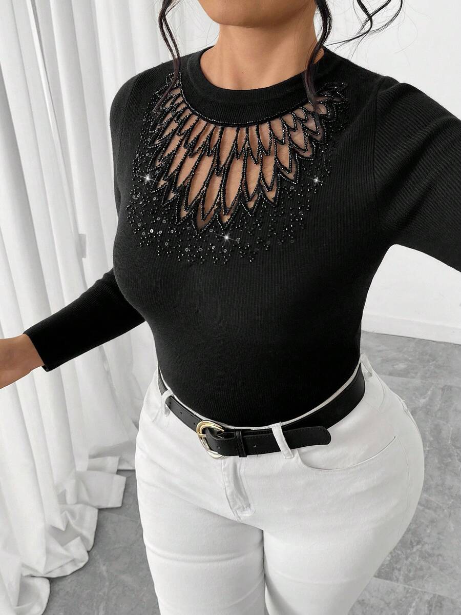 SHEIN Elenzya Plus Date Night Mesh Patchwork Rhinestone Embellished Knit Sweater, Accentuates Sexy - Black - View 1