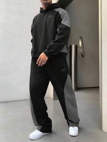 DAZY Men's Autumn Hoodie Set With Color Blocking, Letter Embroidery, Thermal Lined - Black - View 5