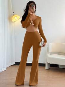 Chiquease Sexy Women's Black High Stretch Jumpsuit With Front & Middle Metal Decor Buckle, Casual European & American Style - Camel - View 4