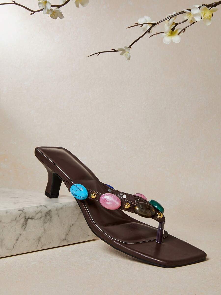 SHUZIA Women's Square Toe Casual Raffia Gem Stones Kitten Heel Thong Sandals Valentine's Day - Chocolate Brown - View 1