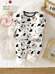 1set Baby Boys Cow, Star & Moon Print Crew Neck Snug Fit Warm Fleece Pajama Set, Long Sleeve Top And Pants