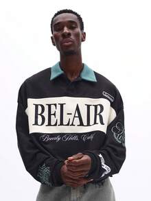 SUMWON Áo thun polo tay dài dáng crop-top thêu họa tiết Bel-Air Beverly Hills California - màu đen - Xem 1