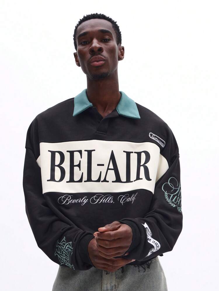 SUMWON Besticktes Poloshirt mit langen Ärmeln und Crop Fit mit Bel-Air Beverly Hills Kalifornien Aufdruck