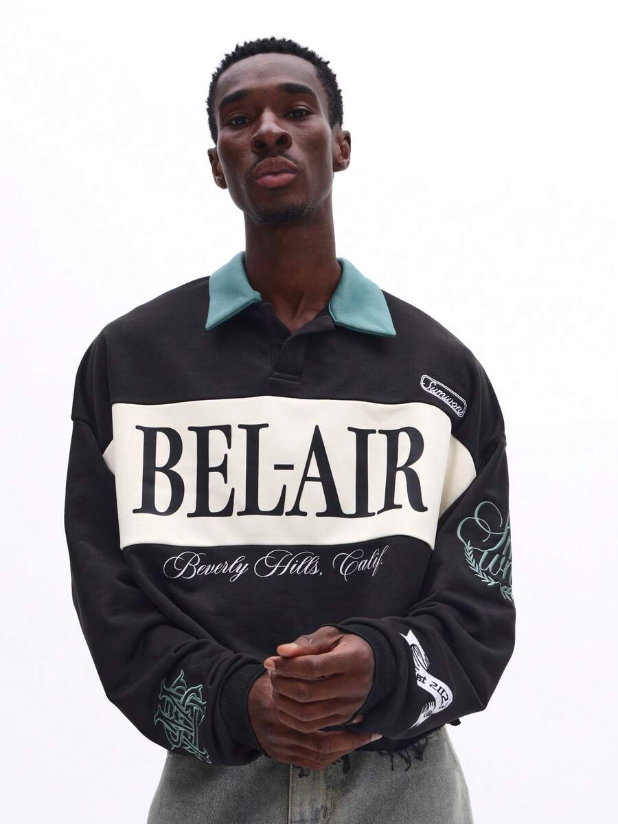 SUMWON Áo thun polo tay dài dáng crop-top thêu họa tiết Bel-Air Beverly Hills California - màu đen - Xem 1