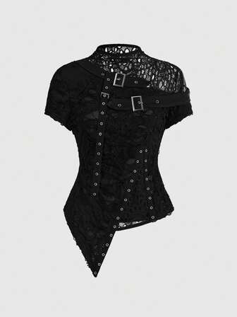 Sexy schwarzes zerrissenes Blumen-Mesh-Patchwork asymmetrisches Punk Goth Stil Top
