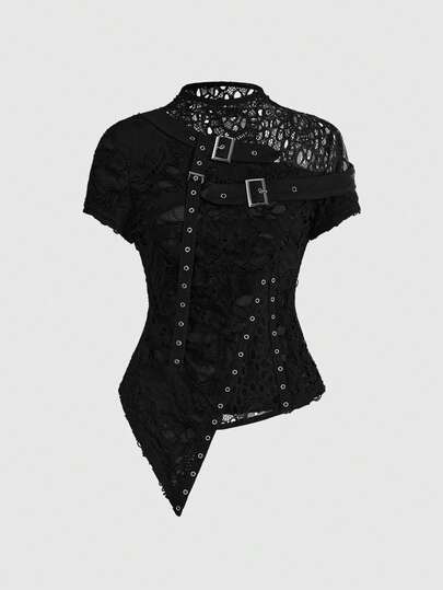 Goth Top asimétrico de estilo punk gótico con parches de malla floral rasgada y sexy en negro