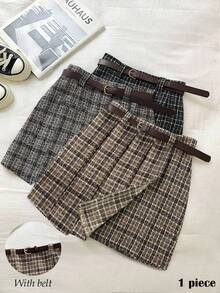 Franclia Women's Brown Plaid Pleated A-Line Mini Skirt With Belt,Elegant Autumn Preppy Style,Back-To-School Office Wear,Versatile Casual Business Attire - Brown - View 8