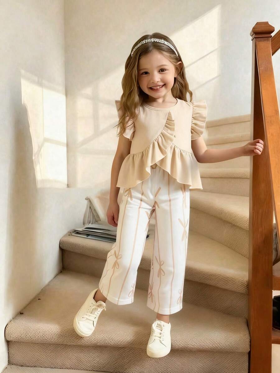 Elladie kids 女童可爱荷叶边不对称设计蝴蝶结印花休闲裤套装 - 杏色 - 查看 1