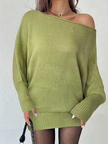 Aloruh 芥末绿不对称肩部长袖针织修身迷你连衣裙 - 綠色 - 查看 4