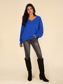 SHEIN VCAY V Neck Drop Shoulder Sweater,Long Sleeve Tops In Fall/Winter - Royal Blue - View 3