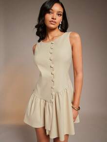 L'Amorae Casual Commute Minimalist Solid Color Sleeveless Women Mini Dress - Apricot - View 3