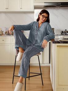 Doze Lane 女士毛绒提花撞色开衫和裤子睡衣套装 - 彩色 - 查看 3