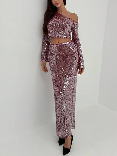 Aloruh Women's Sequin Skirt For Christmas & New Year Party,Red Skirt