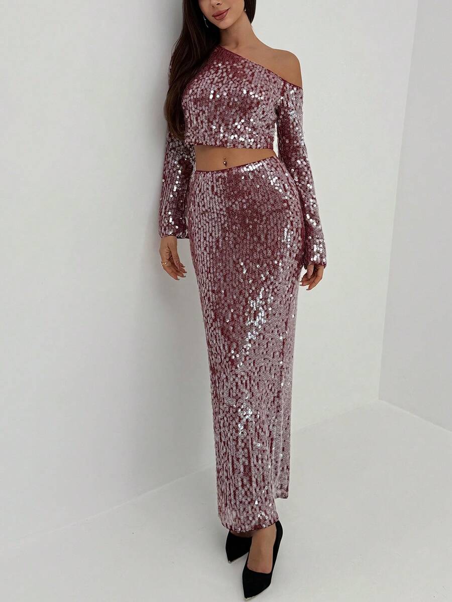 Aloruh Women's Sequin Skirt For Christmas & New Year Party,Red Skirt