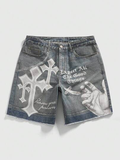 Goth Men's Casual Washed Cross & Letter Print Denim Shorts
