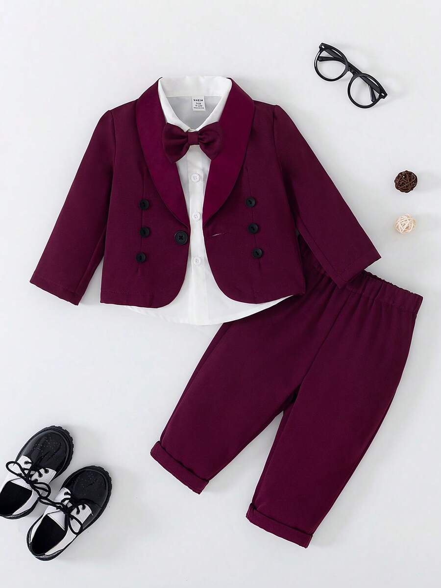 SHEIN Bộ 3 áo vest tay dài, ve áo hai hàng khuy trơn màu trơn cho bé trai, quần dài và nơ cài cổ dành cho quý ông - Đỏ - Xem 1