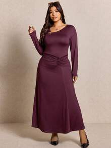 Elaquor Plus Size Women Casual Solid Color Long Sleeve Ruffle Waist Dress - Violet Purple - View 5