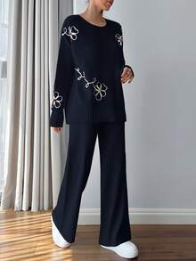 SHEIN Cottnline Petite Size Women 3d Floral Embroidery Sweater Co-Ord Set - Black and White - View 1