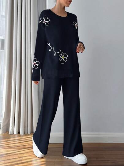 EURMUSE Petite Size Women 3d Floral Embroidery Sweater Co-Ord Set