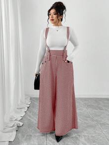 Elenzga 大码千鸟格印花针织面料双排扣长裤，配有真正开口口袋，高腰喇叭裤腿连体裤，优雅百搭，适合外出、约会、聚会等场合，也可作为休闲通勤背带裤穿着。 - 酒紅色 - 查看 3