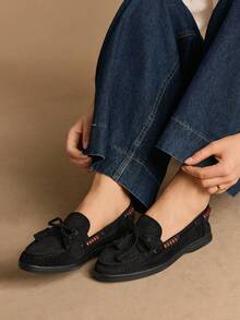 Rosivie Women's Lace-Up Beaded Flat Casual Shoes For Christmas - Black - View 3