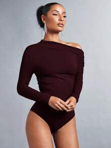 SHEIN BAE 女士纯色褶皱不对称肩长袖连体衣 - 紫紅色 - 查看 3