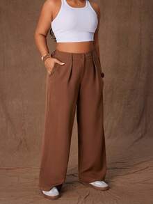 Rustia Women's Solid Color Casual Wide Leg Straight Pants, Suit Pants, Suitable For Commuting, Daily Wear, All Seasons - Coffee Brown - View 6