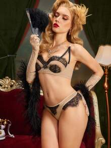 PinupPomp Women's Sexy Lace Trim Underwire Bra And Low-Rise Thong Panty Set - Black - View 4